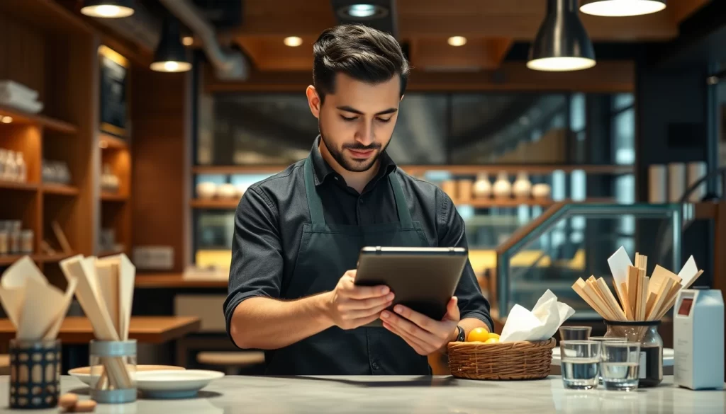 Restaurant staff taking customer orders using AI-integrated tablet system